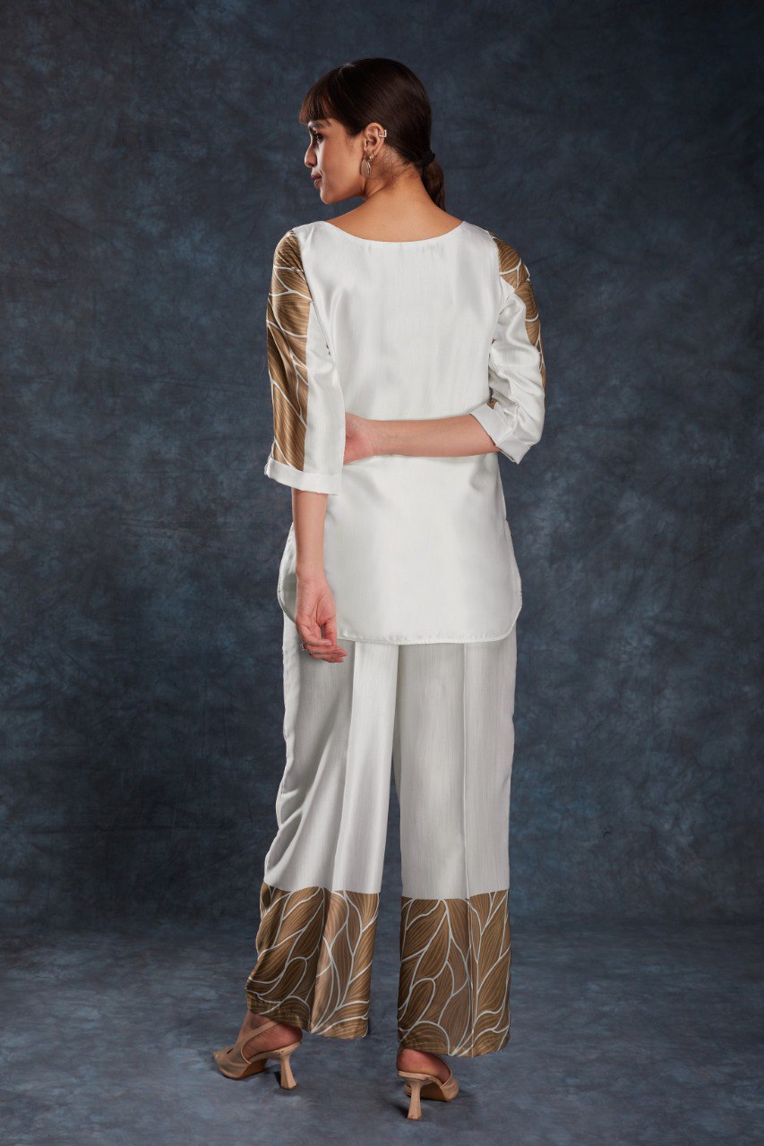 White Elegant Linen Satin Printed Co-Ord Set – Ready to Wear ClothsVilla