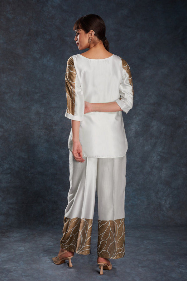 White Elegant Linen Satin Printed Co-Ord Set – Ready to Wear ClothsVilla
