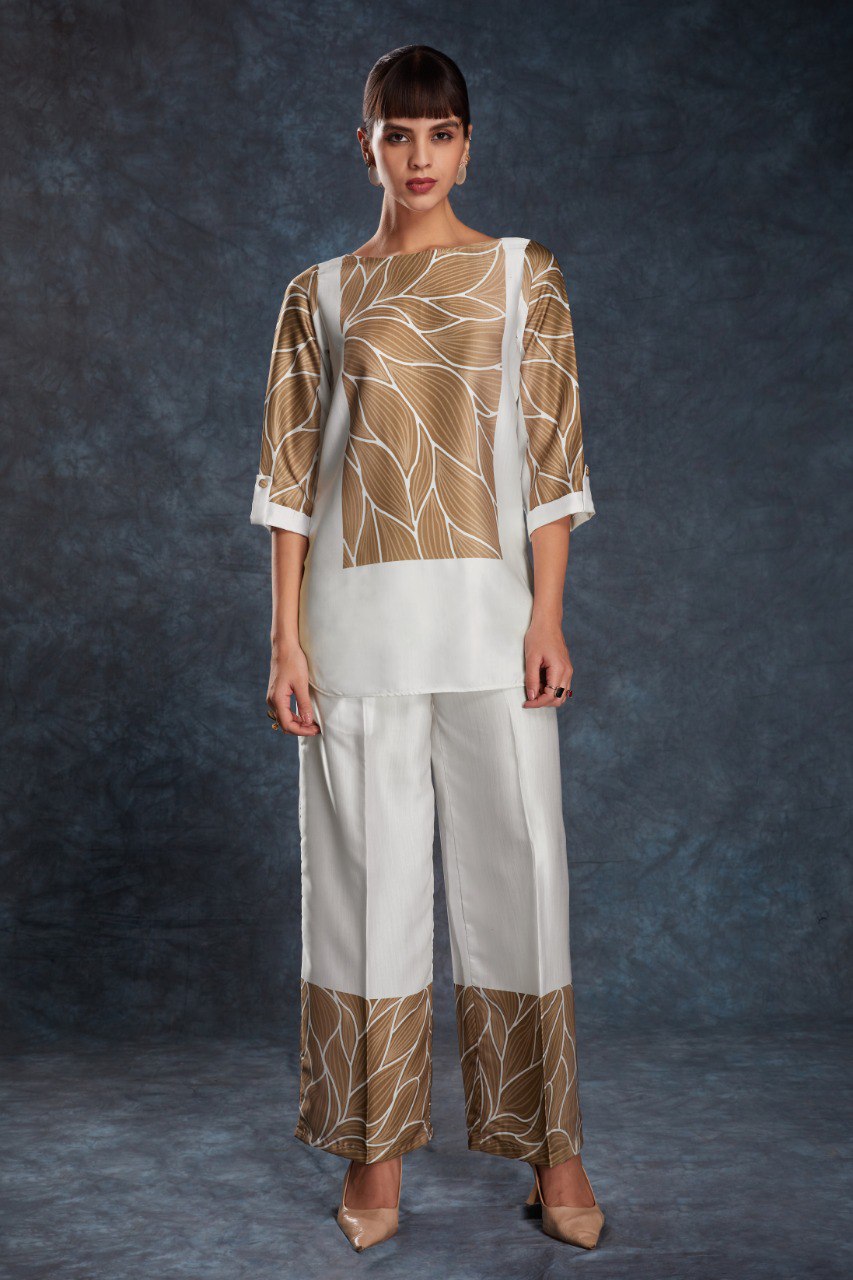 White Elegant Linen Satin Printed Co-Ord Set – Ready to Wear ClothsVilla