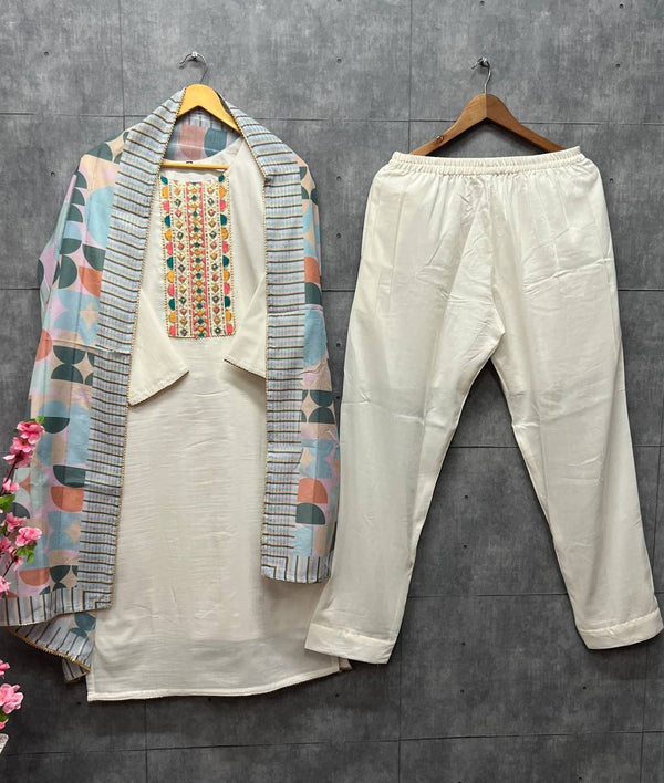 White Elegant Maska Cotton Silk Straight Suit Set with Maslin Cotton Printed Dupatta