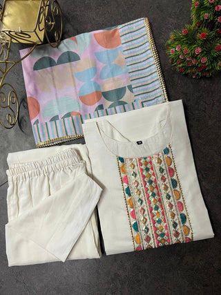 White Elegant Maska Cotton Silk Straight Suit Set with Maslin Cotton Printed Dupatta