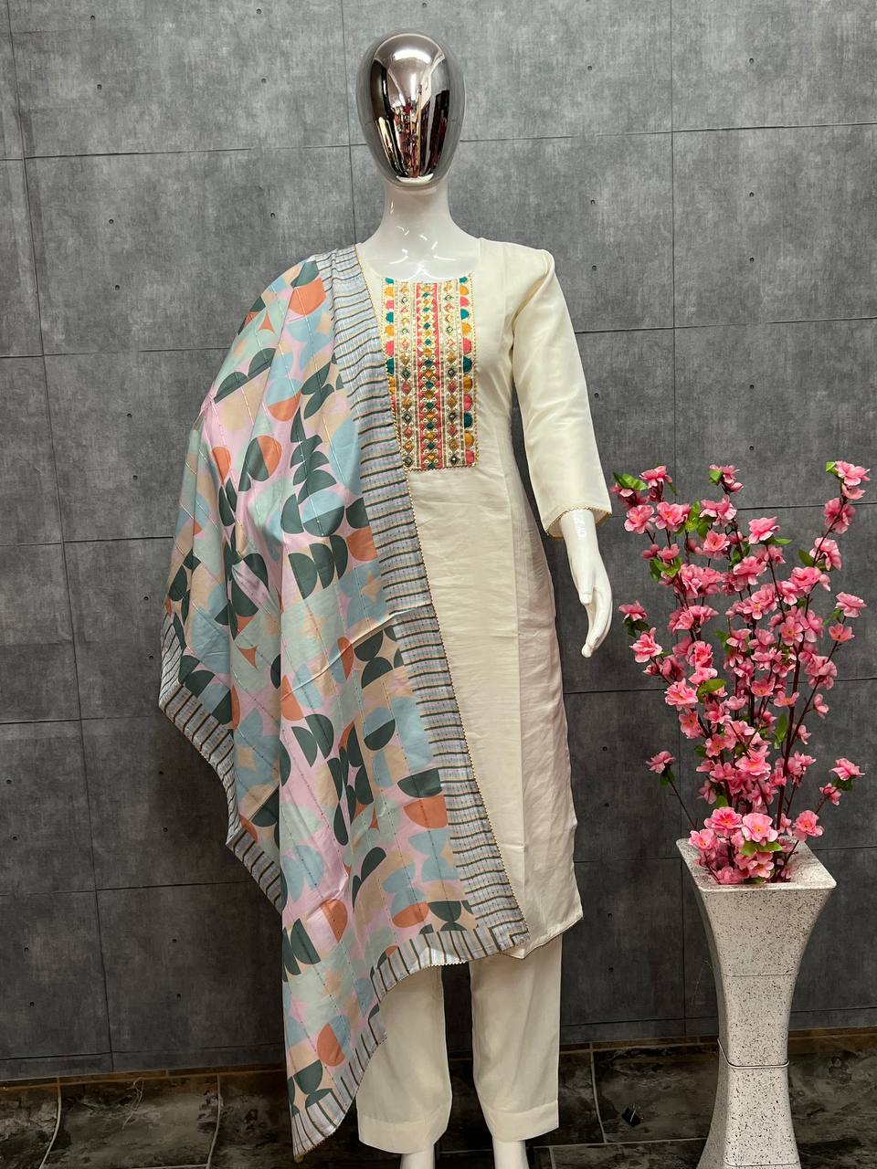 White Elegant Maska Cotton Silk Straight Suit Set with Maslin Cotton Printed Dupatta Main image