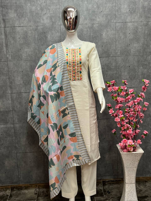 White Elegant Maska Cotton Silk Straight Suit Set with Maslin Cotton Printed Dupatta Main image
