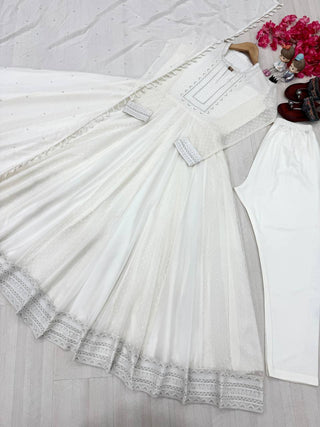 White Elegant Party Wear Faux Georgette Anarkali Gown Set with Dupatta & Bottom