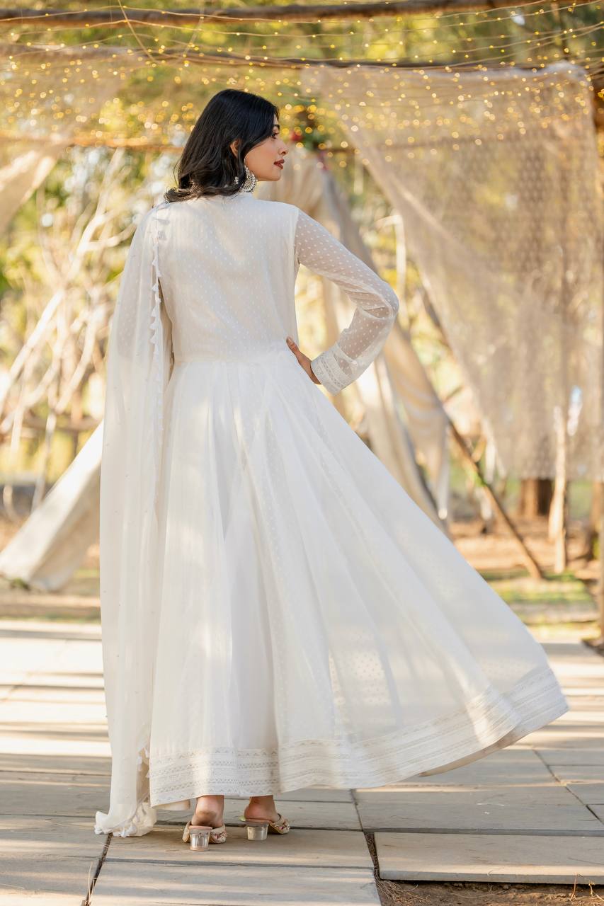 White Elegant Party Wear Faux Georgette Anarkali Gown Set with Dupatta & Bottom