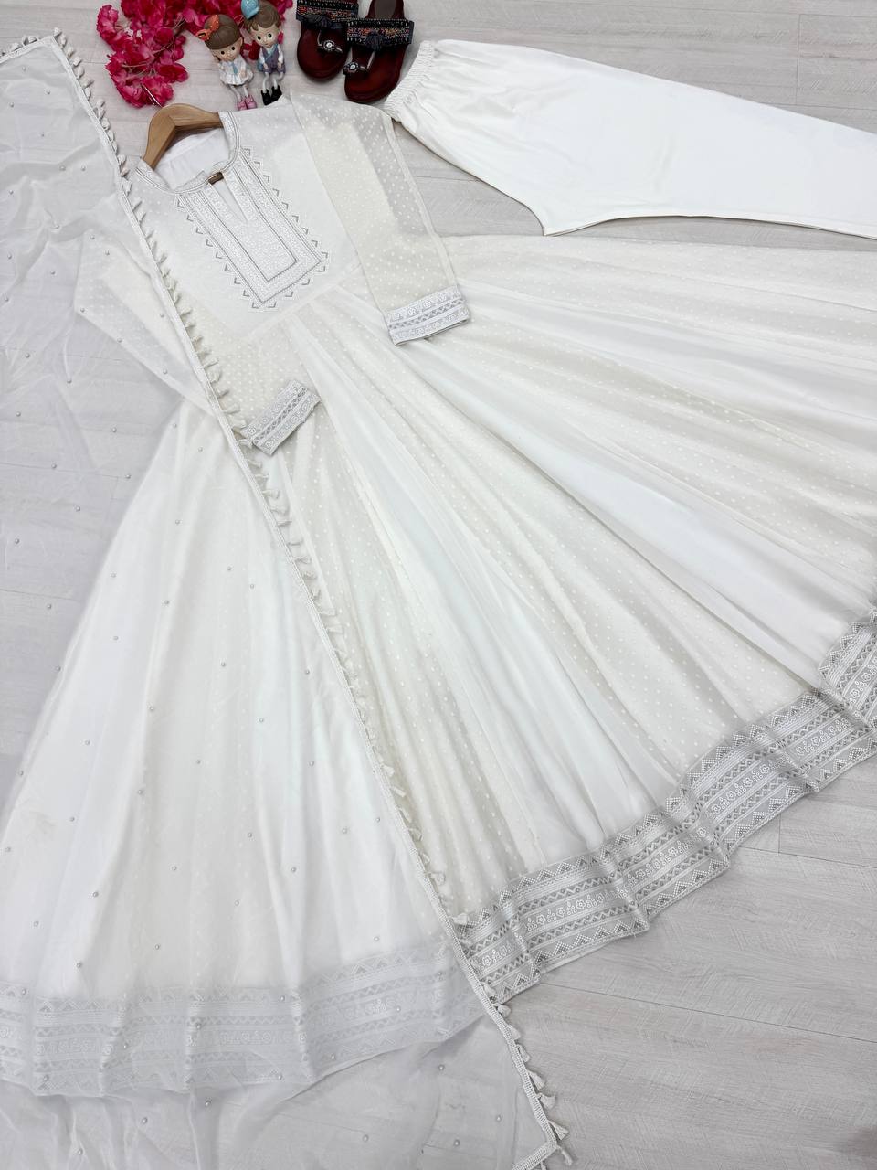White Elegant Party Wear Faux Georgette Anarkali Gown Set with Dupatta & Bottom
