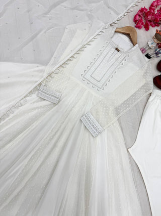 White Elegant Party Wear Faux Georgette Anarkali Gown Set with Dupatta & Bottom