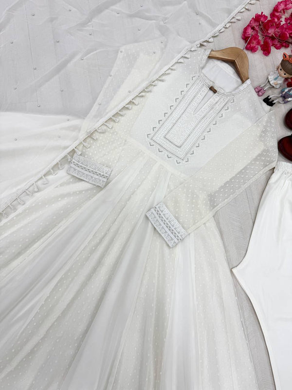White Elegant Party Wear Faux Georgette Anarkali Gown Set with Dupatta & Bottom