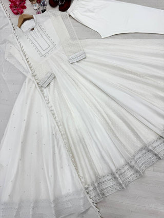 White Elegant Party Wear Faux Georgette Anarkali Gown Set with Dupatta & Bottom