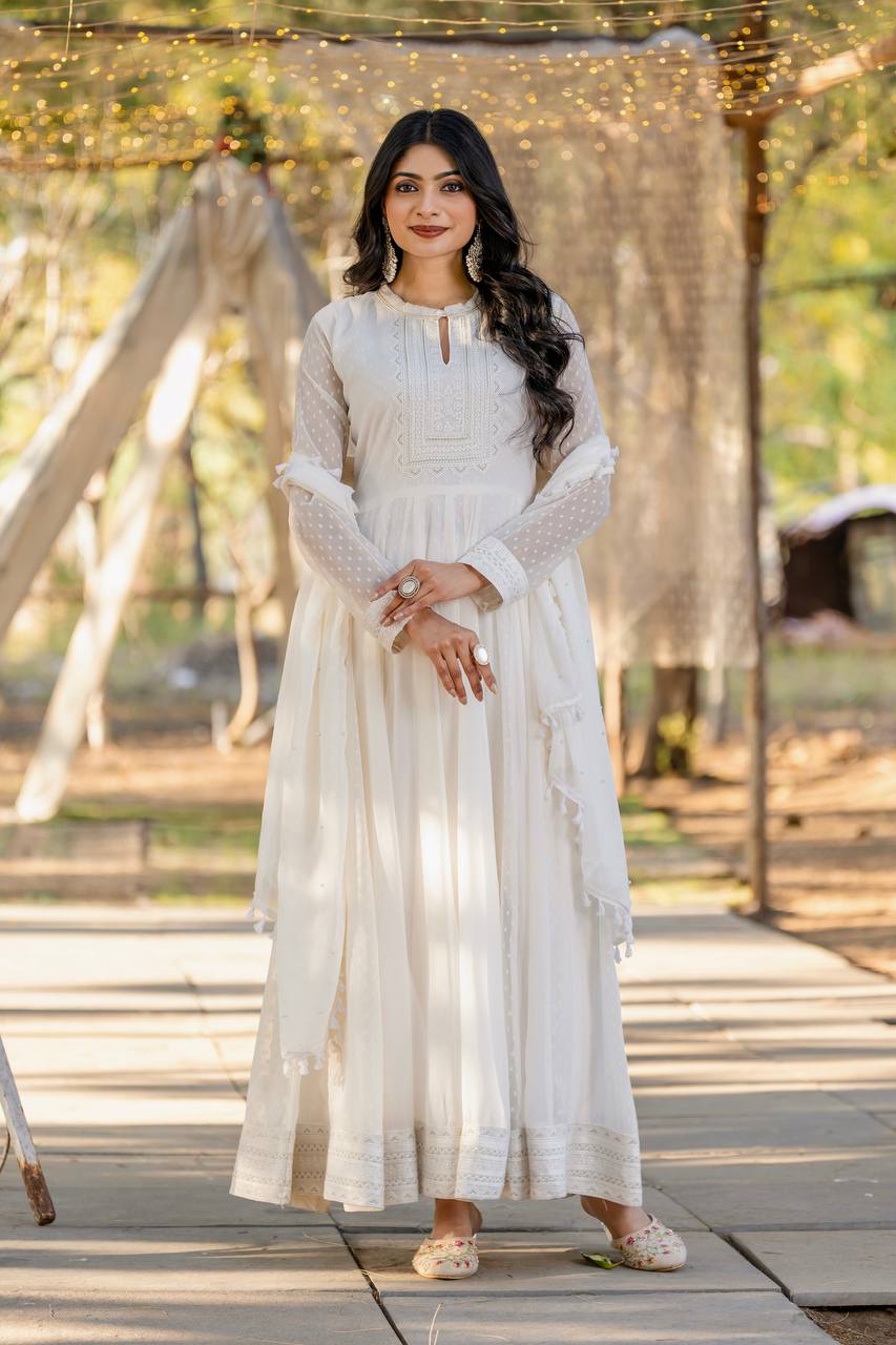 White Elegant Party Wear Faux Georgette Anarkali Gown Set with Dupatta & Bottom