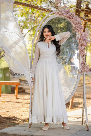 White Elegant Party Wear Faux Georgette Anarkali Gown Set with Dupatta & Bottom