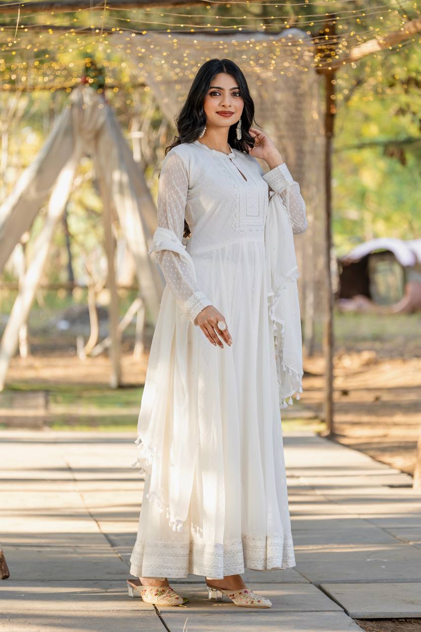 White Elegant Party Wear Faux Georgette Anarkali Gown Set with Dupatta & Bottom