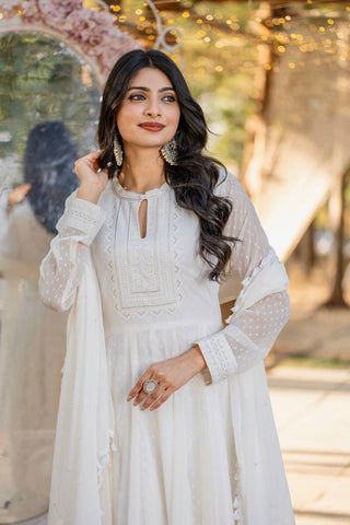 White Elegant Party Wear Faux Georgette Anarkali Gown Set with Dupatta & Bottom