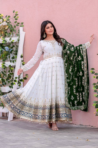 White Elegant Party Wear Heavy Faux Georgette Gown And Green Dupatta Set