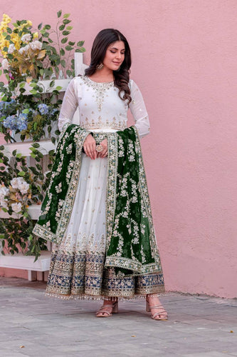 White Elegant Party Wear Heavy Faux Georgette Gown And Green Dupatta Set