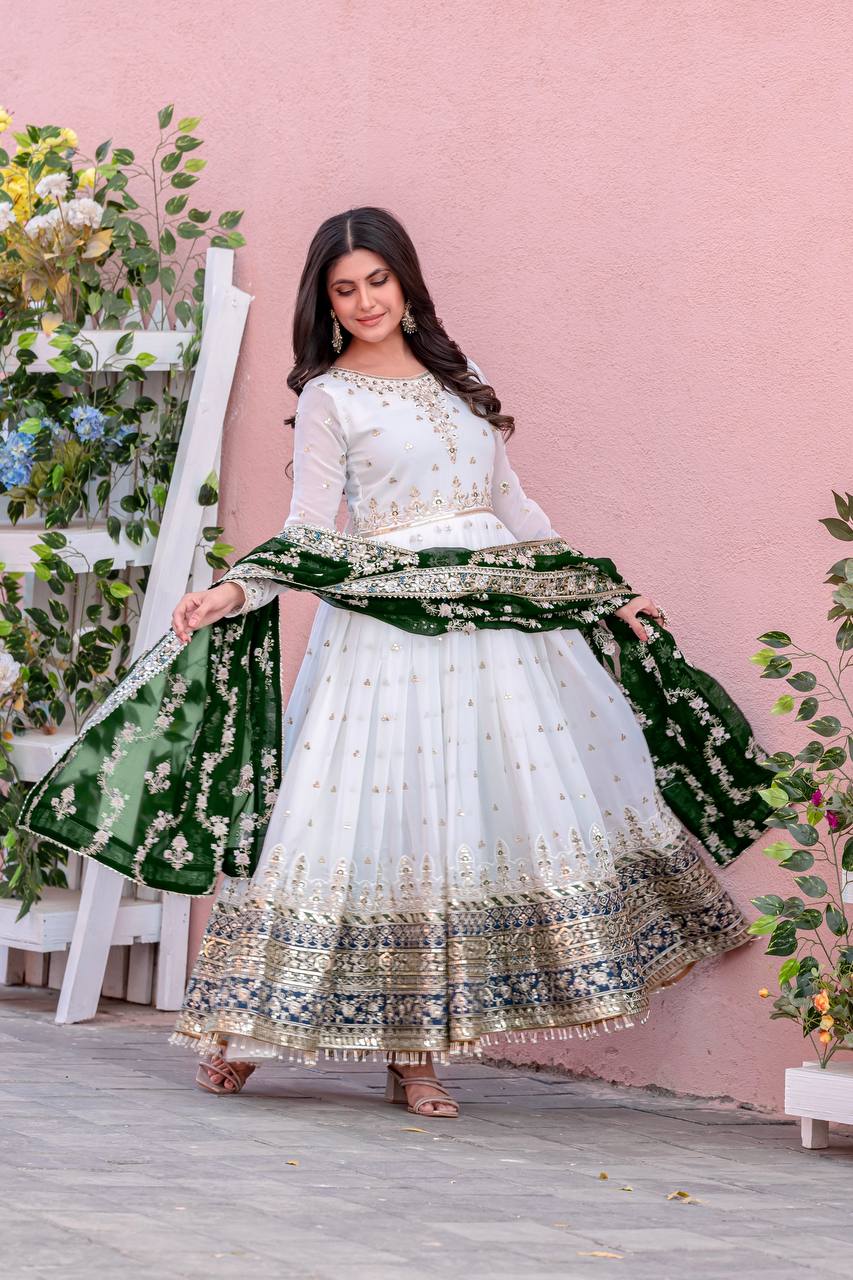 White Elegant Party Wear Heavy Faux Georgette Gown And Green Dupatta Set