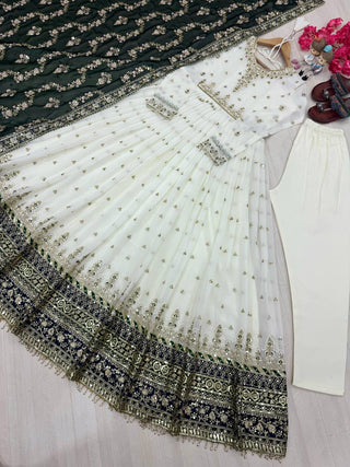 White Elegant Party Wear Heavy Faux Georgette Gown And Green Dupatta Set