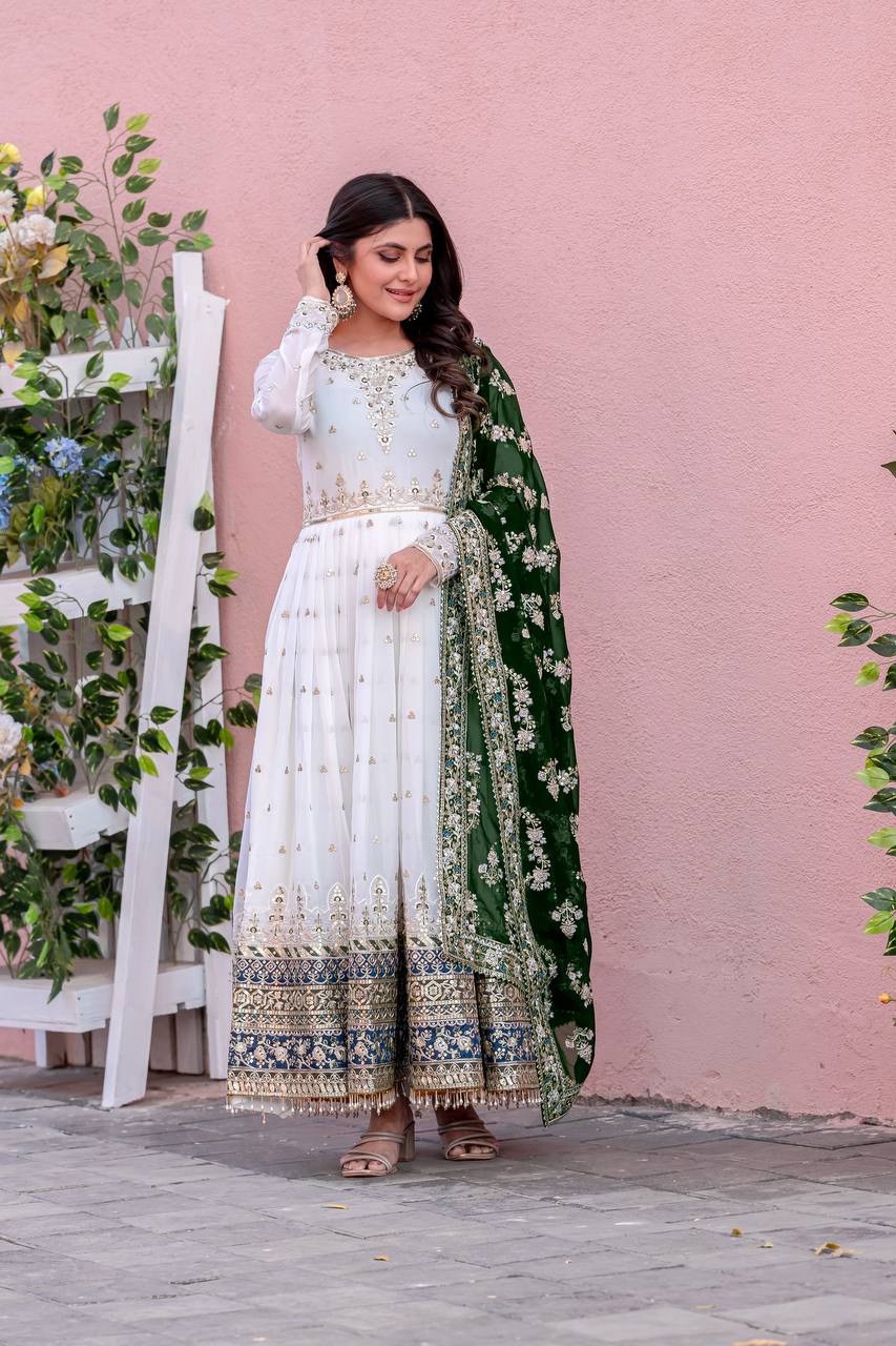 White Elegant Party Wear Heavy Faux Georgette Gown And Green Dupatta Set