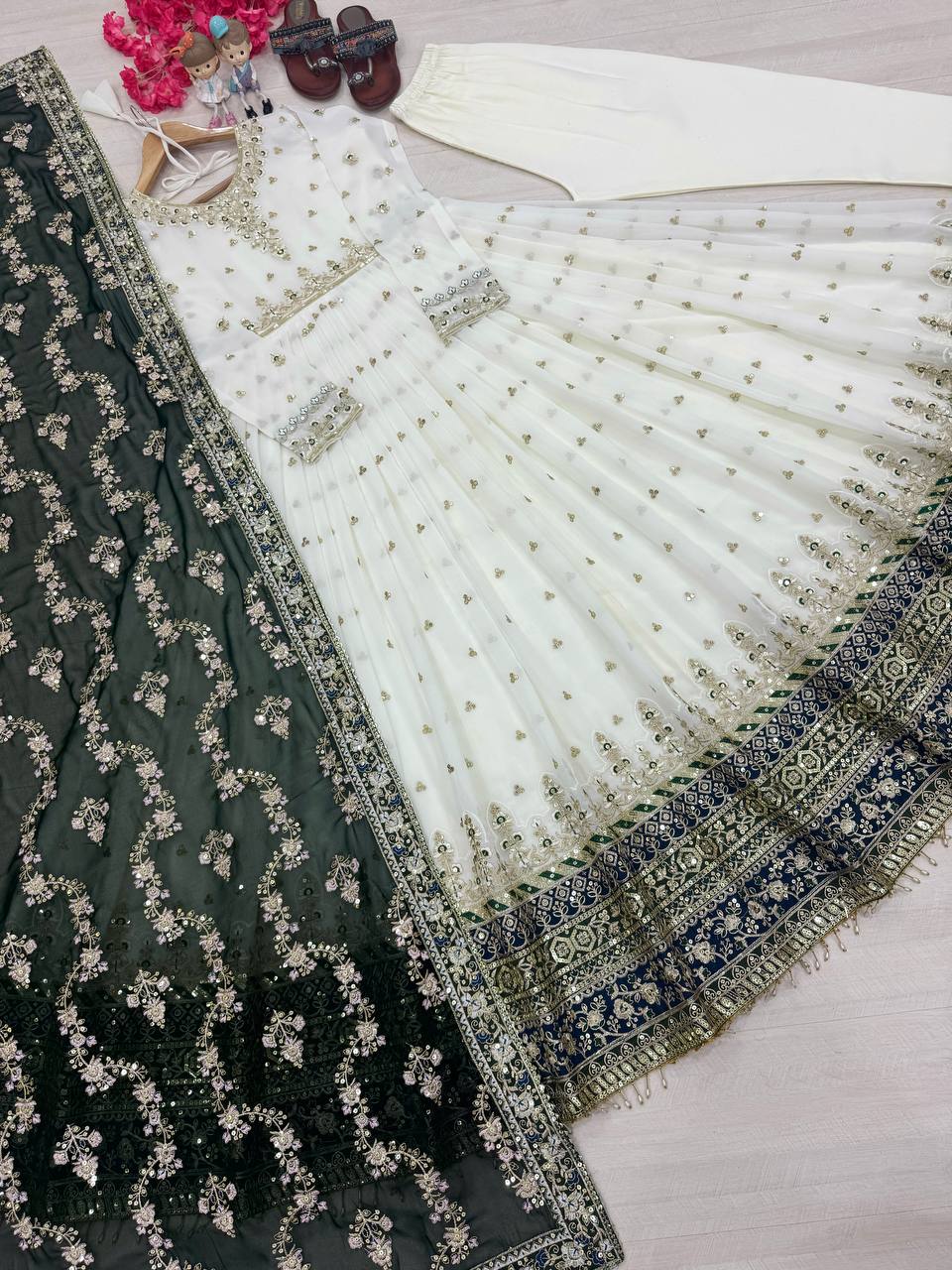 White Elegant Party Wear Heavy Faux Georgette Gown And Green Dupatta Set