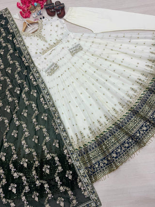 White Elegant Party Wear Heavy Faux Georgette Gown And Green Dupatta Set