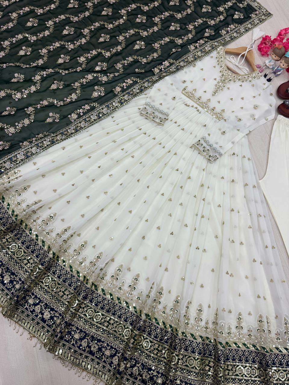 White Elegant Party Wear Heavy Faux Georgette Gown And Green Dupatta Set