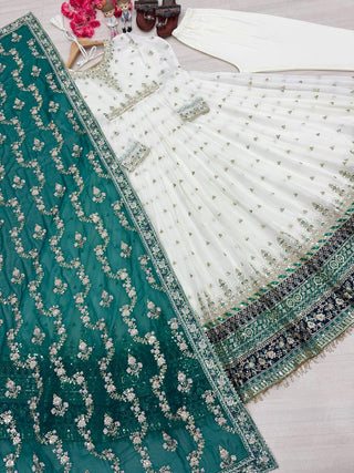 White Elegant Party Wear Heavy Faux Georgette Gown And Sky Blue Dupatta Set