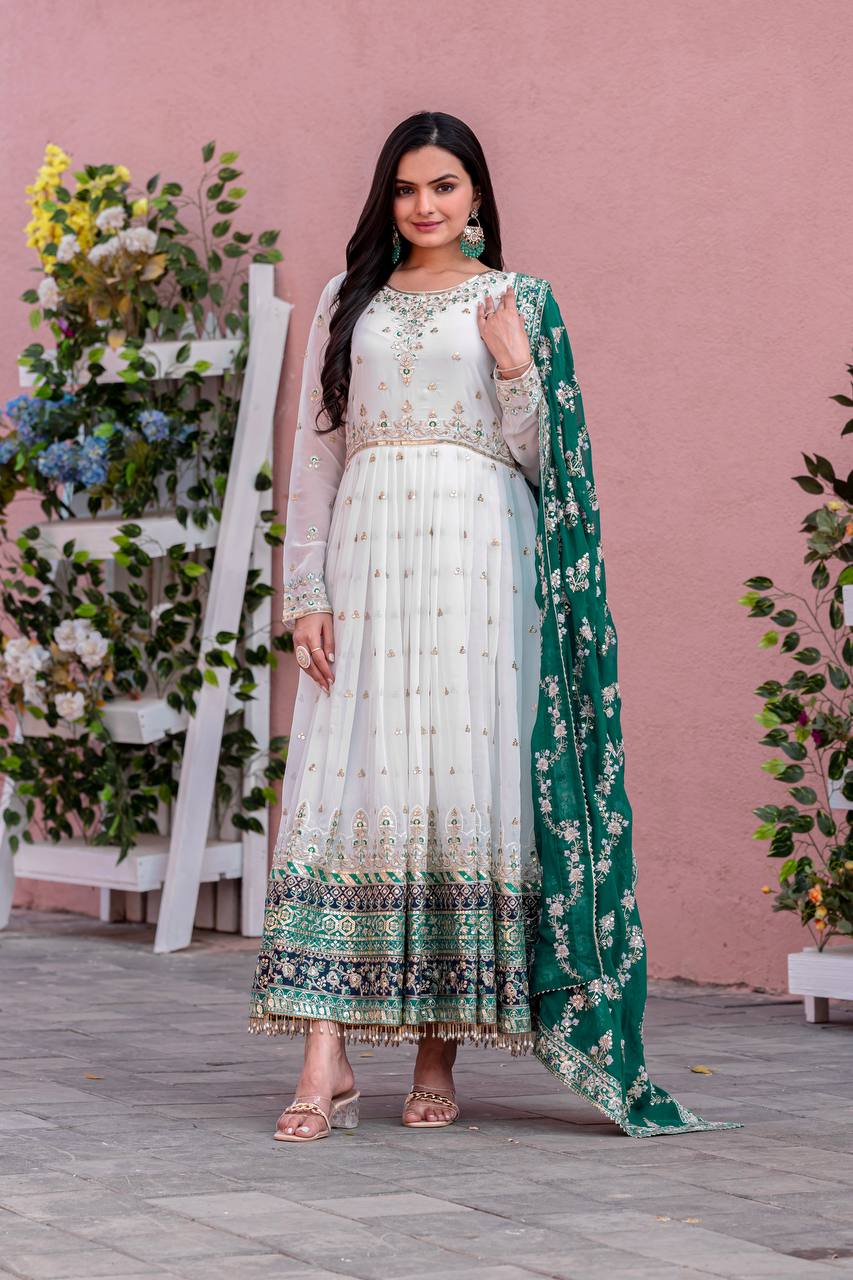 White Elegant Party Wear Heavy Faux Georgette Gown And Sky Blue Dupatta Set Main image