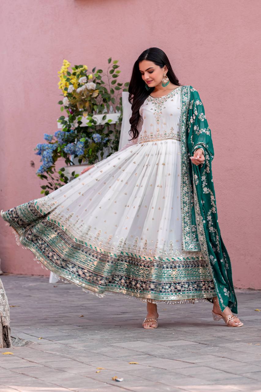 White Elegant Party Wear Heavy Faux Georgette Gown And Sky Blue Dupatta Set