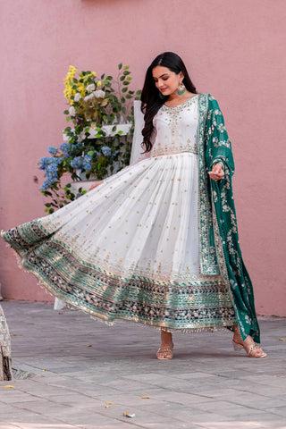 White Elegant Party Wear Heavy Faux Georgette Gown And Sky Blue Dupatta Set