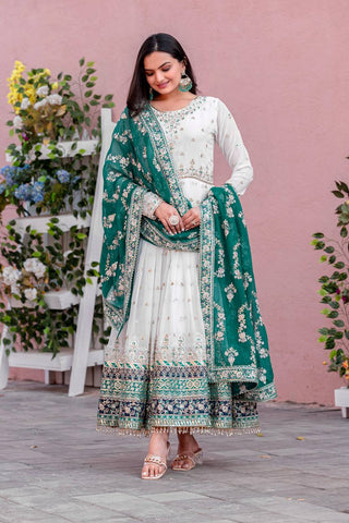 White Elegant Party Wear Heavy Faux Georgette Gown And Sky Blue Dupatta Set