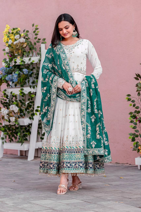 White Elegant Party Wear Heavy Faux Georgette Gown And Sky Blue Dupatta Set