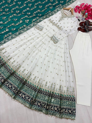 White Elegant Party Wear Heavy Faux Georgette Gown And Sky Blue Dupatta Set