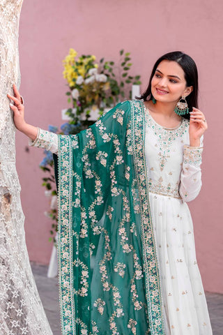 White Elegant Party Wear Heavy Faux Georgette Gown And Sky Blue Dupatta Set
