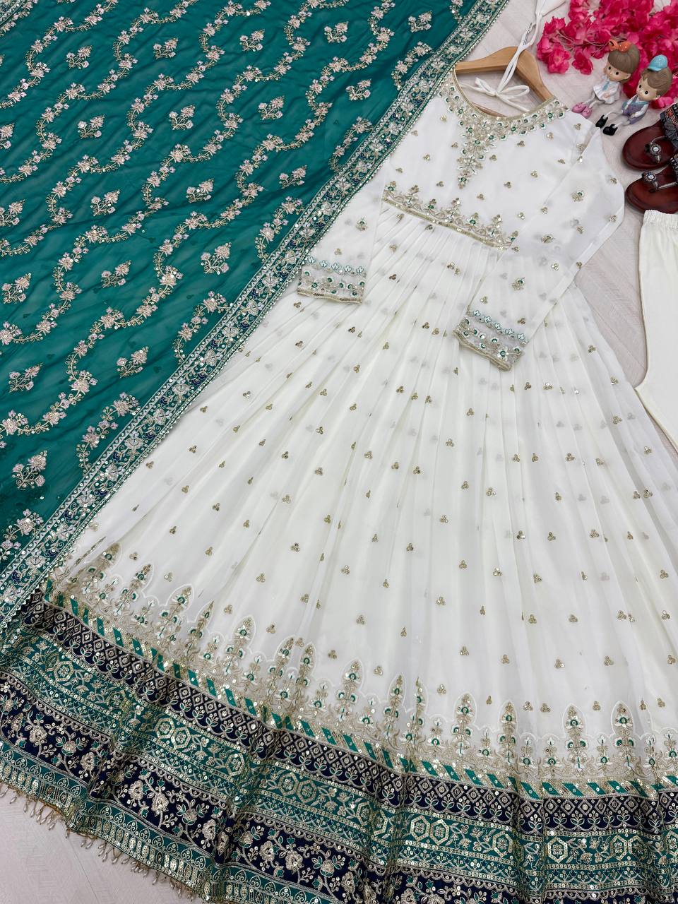 White Elegant Party Wear Heavy Faux Georgette Gown And Sky Blue Dupatta Set