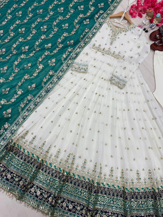 White Elegant Party Wear Heavy Faux Georgette Gown And Sky Blue Dupatta Set