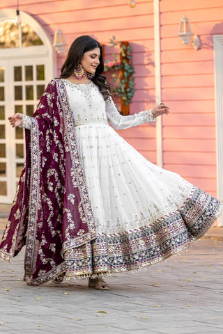 White Elegant Party Wear Heavy Faux Georgette Gown And Wine Dupatta Set