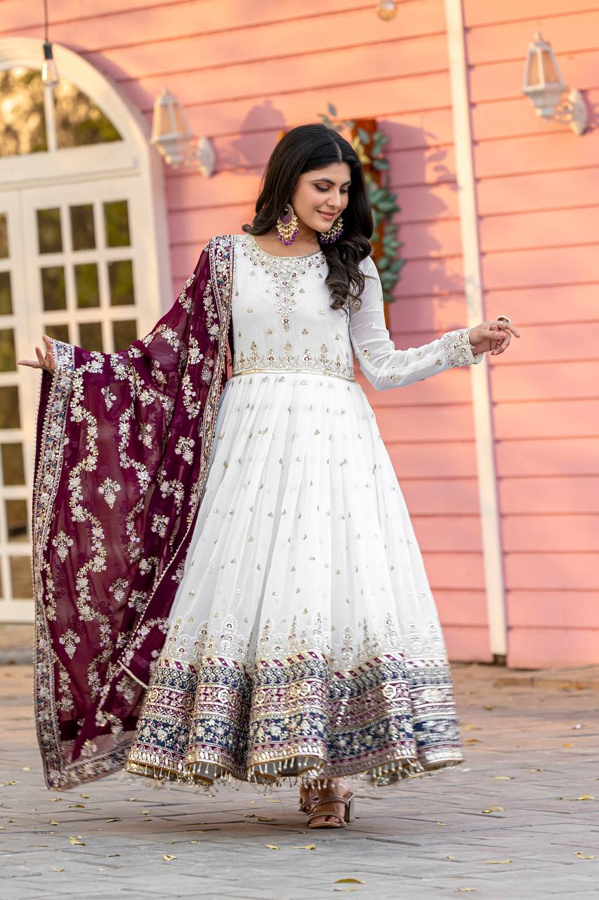 White Elegant Party Wear Heavy Faux Georgette Gown And Wine Dupatta Set