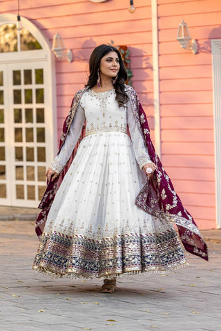 White Elegant Party Wear Heavy Faux Georgette Gown And Wine Dupatta Set