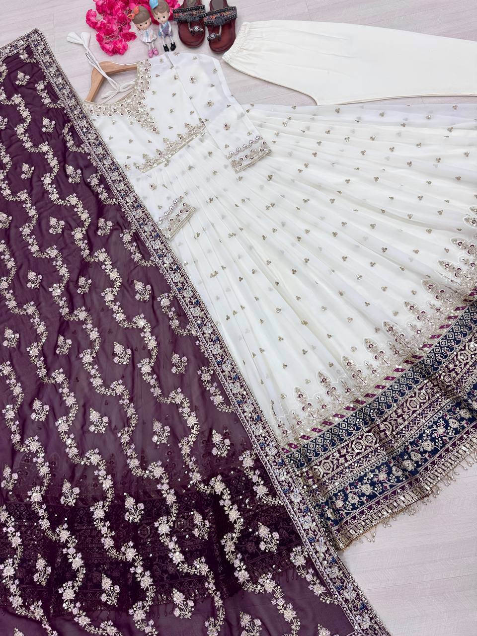 White Elegant Party Wear Heavy Faux Georgette Gown And Wine Dupatta Set