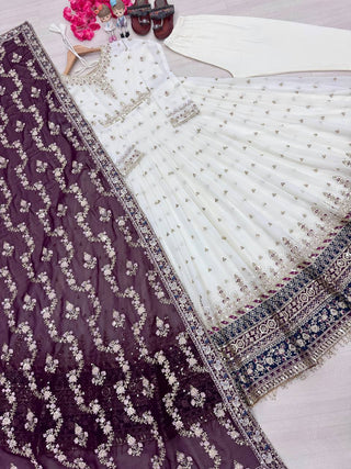 White Elegant Party Wear Heavy Faux Georgette Gown And Wine Dupatta Set