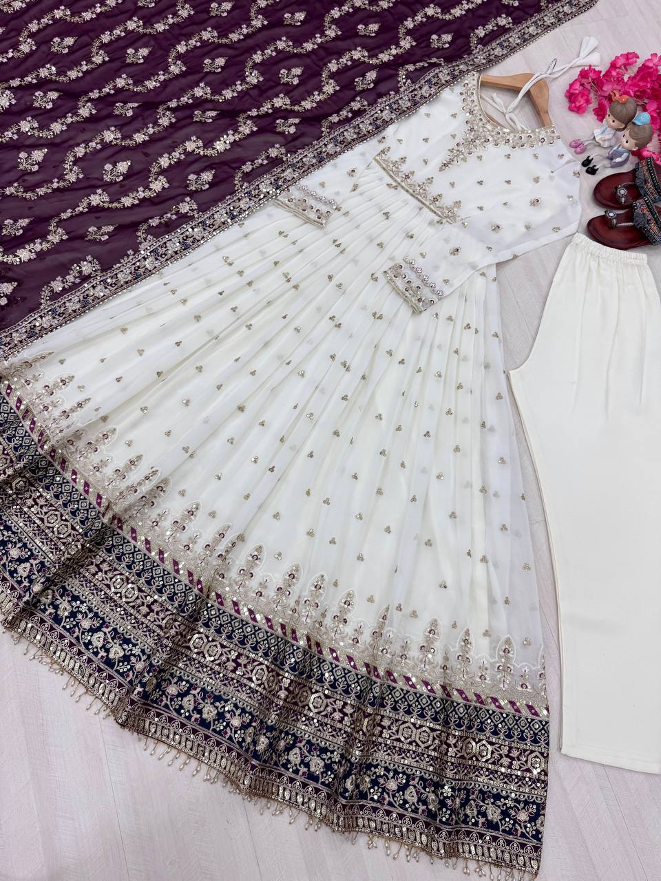 White Elegant Party Wear Heavy Faux Georgette Gown And Wine Dupatta Set