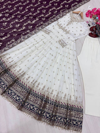 White Elegant Party Wear Heavy Faux Georgette Gown And Wine Dupatta Set