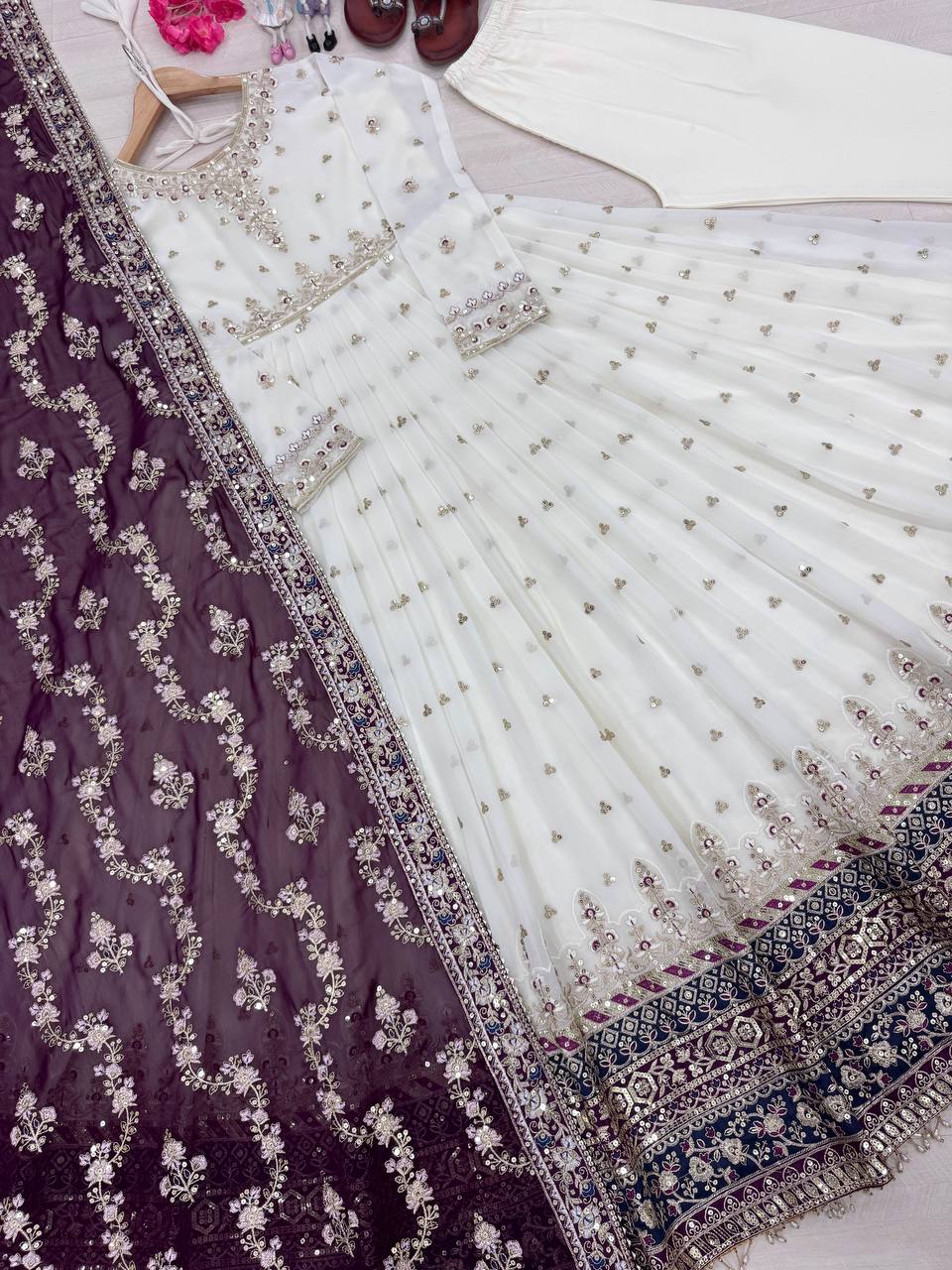 White Elegant Party Wear Heavy Faux Georgette Gown And Wine Dupatta Set