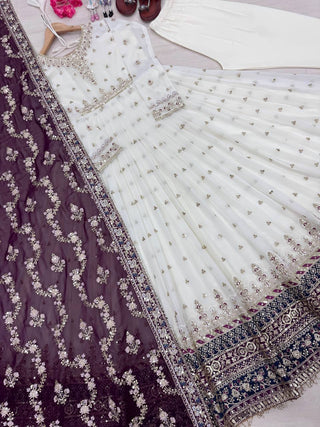 White Elegant Party Wear Heavy Faux Georgette Gown And Wine Dupatta Set