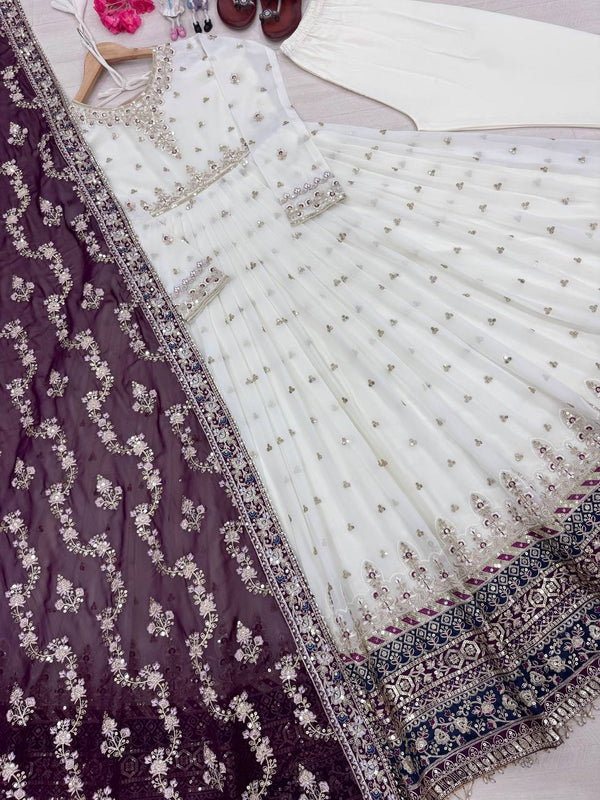White Elegant Party Wear Heavy Faux Georgette Gown And Wine Dupatta Set