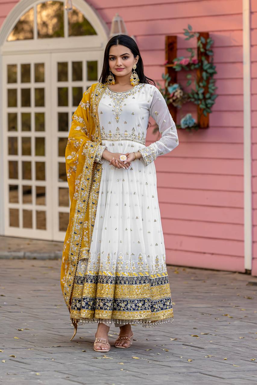 White Elegant Party Wear Heavy Faux Georgette Gown And Yellow Dupatta Set Main image