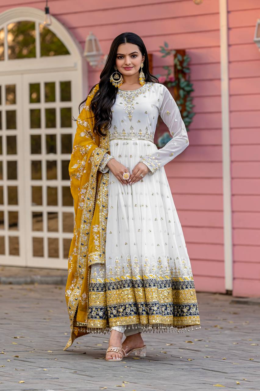 White Elegant Party Wear Heavy Faux Georgette Gown And Yellow Dupatta Set