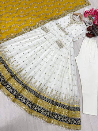 White Elegant Party Wear Heavy Faux Georgette Gown And Yellow Dupatta Set