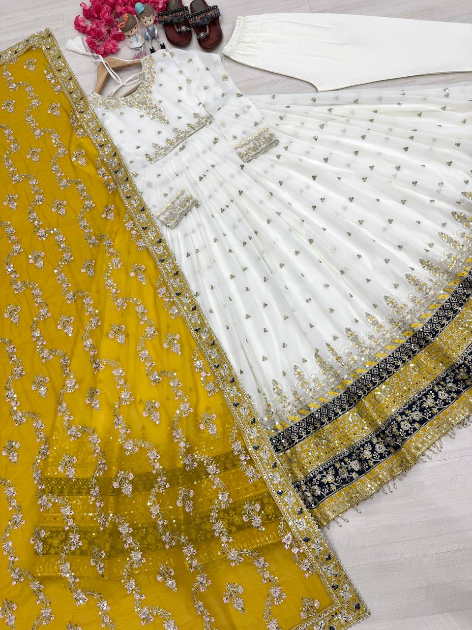 White Elegant Party Wear Heavy Faux Georgette Gown And Yellow Dupatta Set