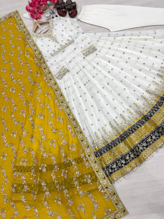 White Elegant Party Wear Heavy Faux Georgette Gown And Yellow Dupatta Set